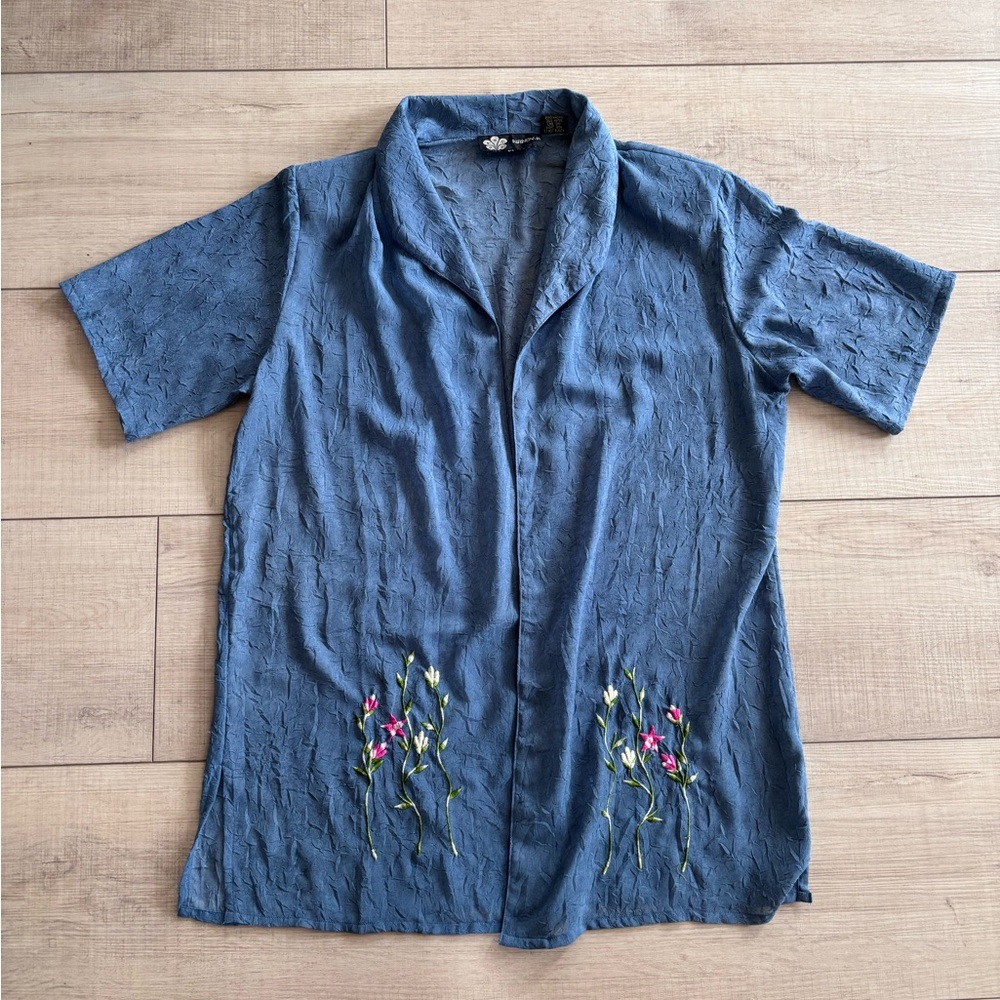 Nancy-K Vintage Blue Short-Sleeve Embroidered Open Front Shirt/Shawl Size M